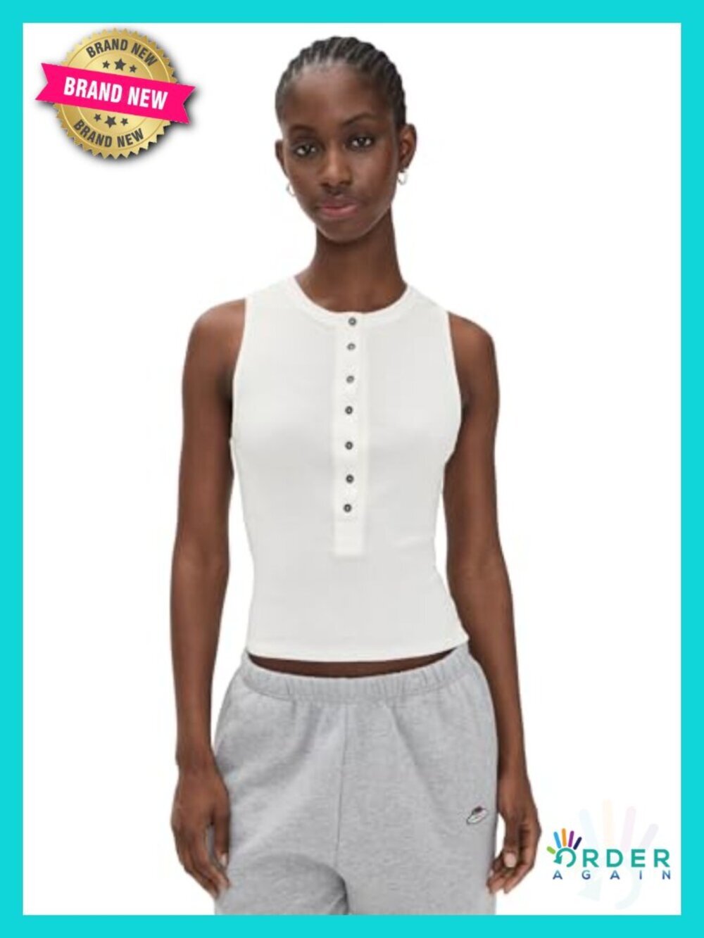 Lightweight Ribbed Knit Henley Tank Top Stretch Cotton